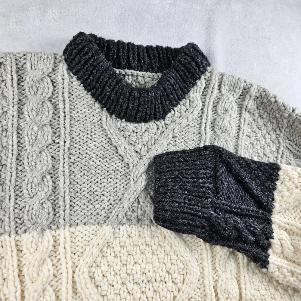 Vtg Aran Pullover Sweater Wool Fisherman Cable Knit Men 40 Colorblock Gray Cream
